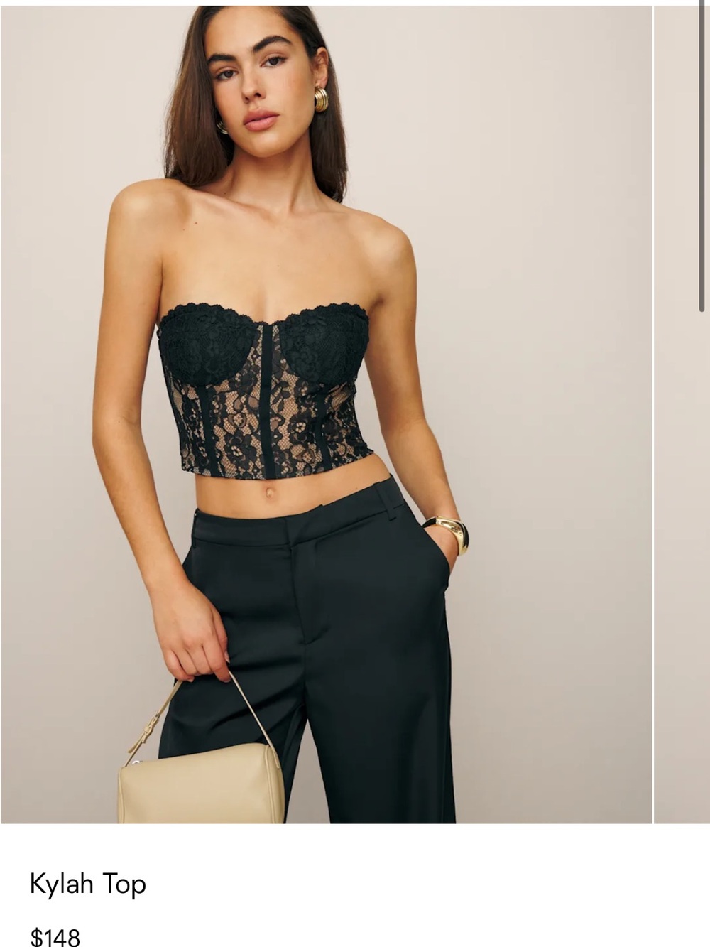 Reformation Kylah top. Black Lace Strapless Crop Topped